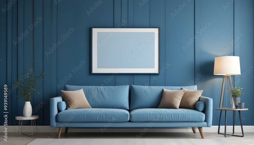Interior mockup In a white room a blue sofa is placed next to a photo frame on the wall Interior mockup In a white room a blue sofa is placed next to a photo frame on the wall