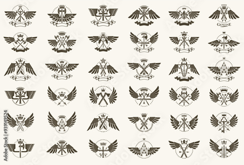 Vintage weapon vector logos or emblems, heraldic design elements big set, classic style heraldry military war armory symbols, antique knives compositions.