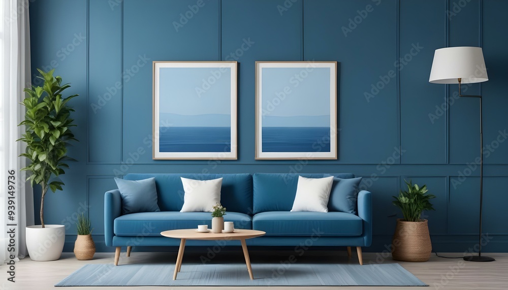 Interior mockup In a white room a blue sofa is placed next to a photo frame on the wall Interior mockup In a white room a blue sofa is placed next to a photo frame on the wall