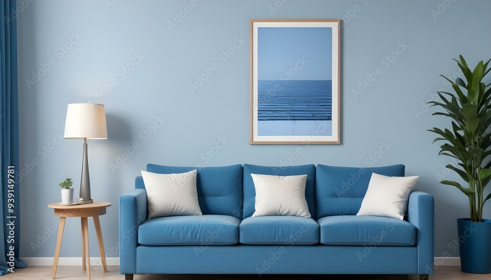 Interior mockup In a white room a blue sofa is placed next to a photo frame on the wall Interior mockup In a white room a blue sofa is placed next to a photo frame on the wall