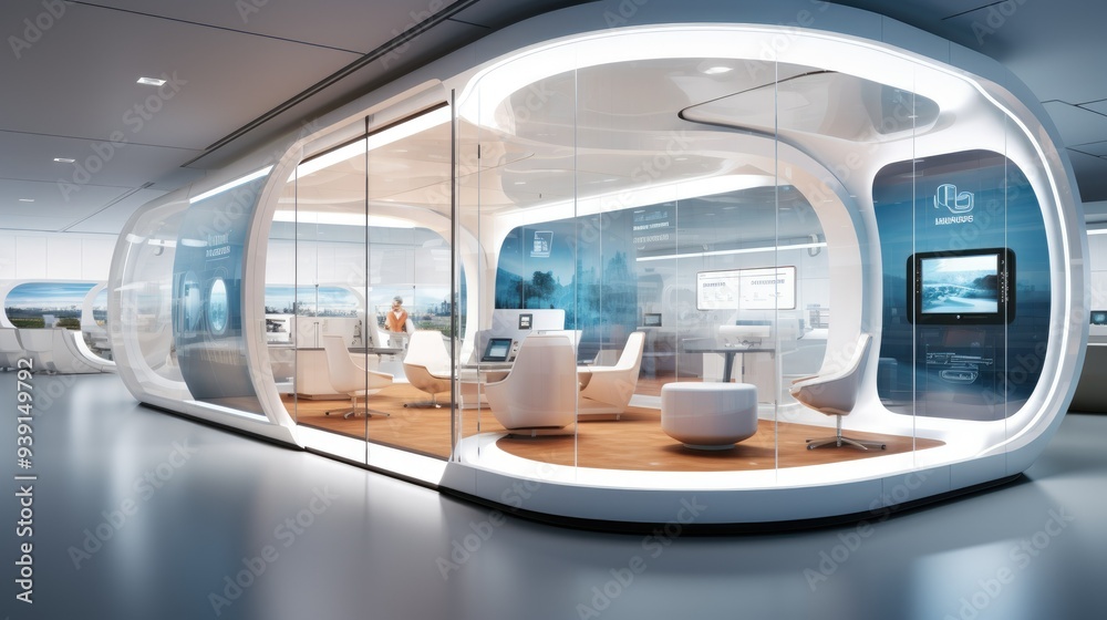 Obraz premium Sleek, futuristic interior with transparent walls and holographic displays