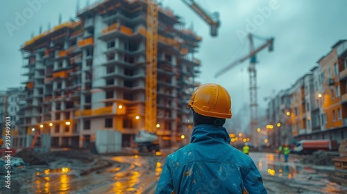 A construction worker stands in front of a large building under construction, observing the work amidst rain. Cranes tower overhead under a moody sky as city lights reflect on wet pavement