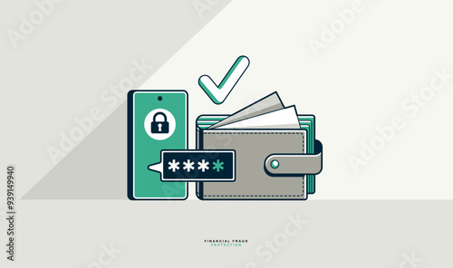 Financial fraud protection e-wallet concept poster, secured payments using electronic wallet online metaphor, two-step verification from sms code, vector icon style illustration.