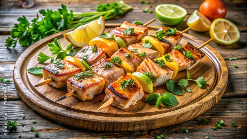 Juicy grilled salmon kebabs sizzle on a rustic wooden platter, garnished with fresh parsley and lemon wedges, surrounded by a colorful summer garden backdrop. Juicy grilled salmon kebabs sizzle on a rustic wooden platter, garnished with fresh parsley and lemon wedges, surrounded by a colorful summer garden backdrop.