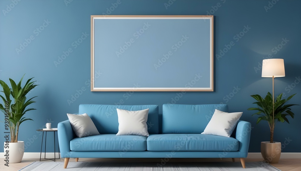 Interior mockup In a white room a blue sofa is placed next to a photo frame on the wall Interior mockup In a white room a blue sofa is placed next to a photo frame on the wall