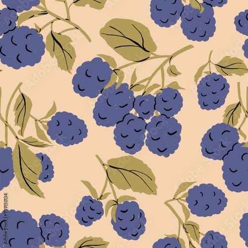 Blackberries Seamless Pattern on Beige Background. Vector Illustration