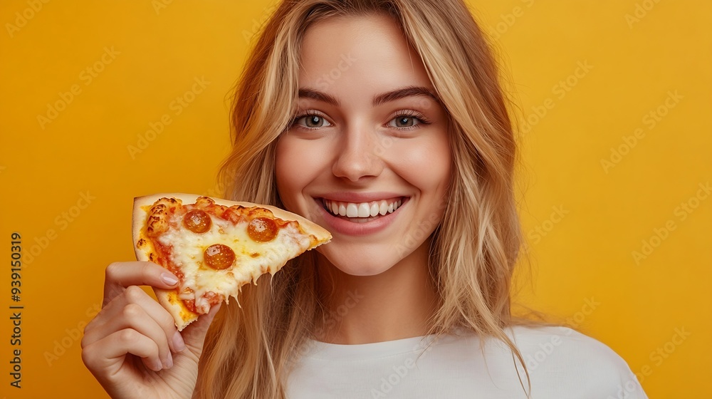 Photo of attractive woman eats slice of pizza points aside with thumb dressed in fashionable clothes shows where pizzeria is isolated over yellow background Pretty girl has snack with : Generative AI Photo of attractive woman eats slice of pizza points aside with thumb dressed in fashionable clothes shows where pizzeria is isolated over yellow background Pretty girl has snack with : Generative AI