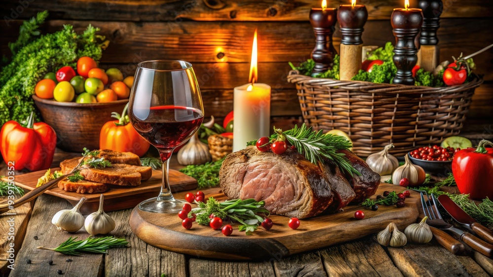 Juicy roasted meat and fresh vegetables arranged artfully on a rustic wooden table, surrounded by elegant candles and fine wine glasses. Juicy roasted meat and fresh vegetables arranged artfully on a rustic wooden table, surrounded by elegant candles and fine wine glasses.