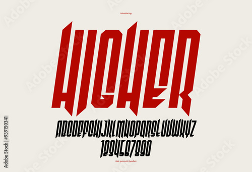 Sharp and bold gothic font for logo creation of for headlines, edgy geometric modern vector typeface, heavy metal and hard rock style alphabet with numbers, italic and tall condensed version.