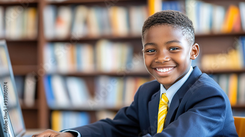 Happy young African student in uniform working on a computer at his desk, set against a colorful blue and yellow backdrop, shown in natural light with clear, high-resolution details.
