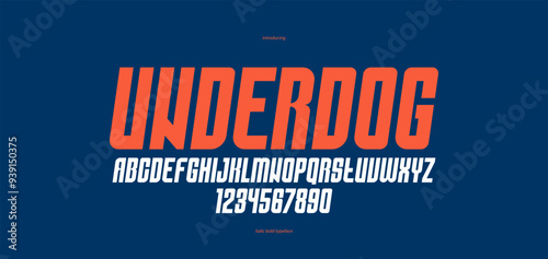 Bold simple sans serif display font for logos headers or slogans, vector italic heavy geometric typeface, uppercase letters alphabet with numbers, poster and advertising.