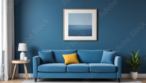 Interior mockup In a white room a blue sofa is placed next to a photo frame on the wall