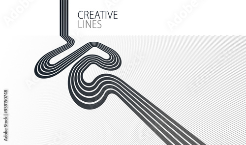 3D black and white lines in perspective abstract vector background, linear perspective illustration op art, road to horizon.