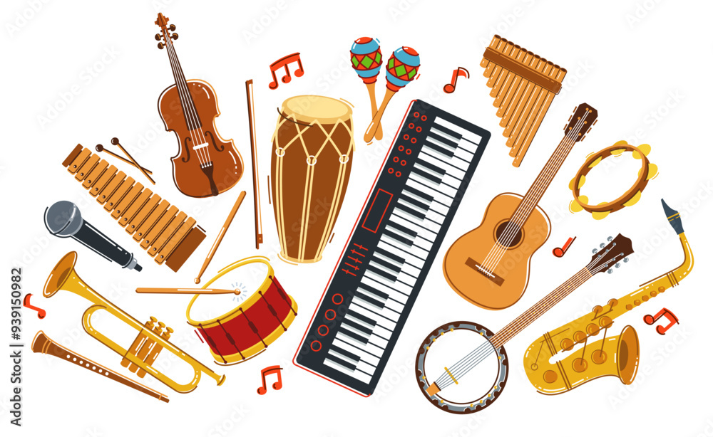 Φωτογραφία Music orchestra diverse instruments vector flat illustration isolated on white background, live sound concert or festival, musical band or orchestra playing and singing songs