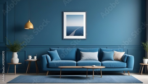 Interior mockup In a white room a blue sofa is placed next to a photo frame on the wall