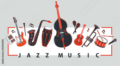 Jazz music band poster different instruments vector flat illustration, live sound festival or concert advertising flyer or banner, play different instruments orchestra.