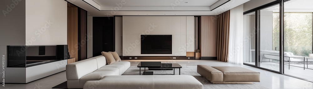 A modern spacious living room with a minimalist aesthetic. A modern spacious living room with a minimalist aesthetic.