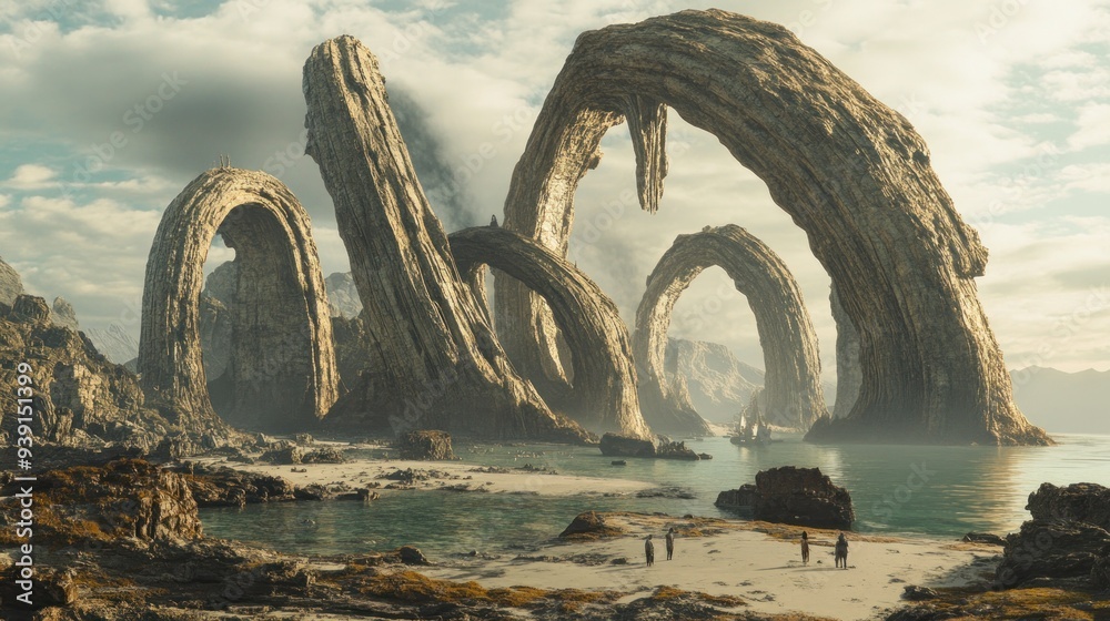 Fototapeta premium A group of figures stand on a beach beneath a series of natural stone arches.