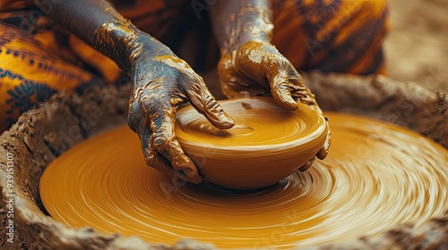 A potter shaping clay on a wheel, creating pottery that reflects the cultural motifs and techniques of their heritage photo