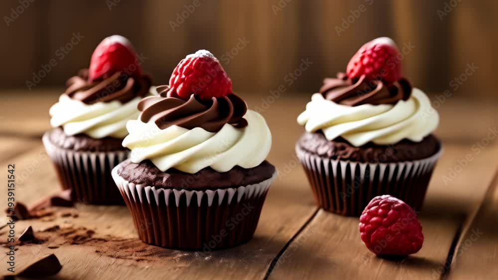 Deliciously tempting chocolate cupcakes with fresh strawberry toppings Deliciously tempting chocolate cupcakes with fresh strawberry toppings