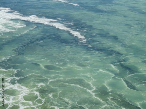 Top view of a river's flowing water surface in the natural world. frothy water with surface ripples,