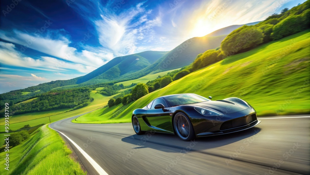 Naklejka premium Low-angle shot of sleek, black, high-performance sports car speeding down a winding road, surrounded by lush green hills and bright blue sky.