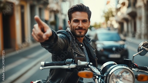 People transport and advertisement concept Cheerful young European male motorcyclist points thumb away dressed casually poses on own motorbike glad to show copy space for your informat : Generative AI photo