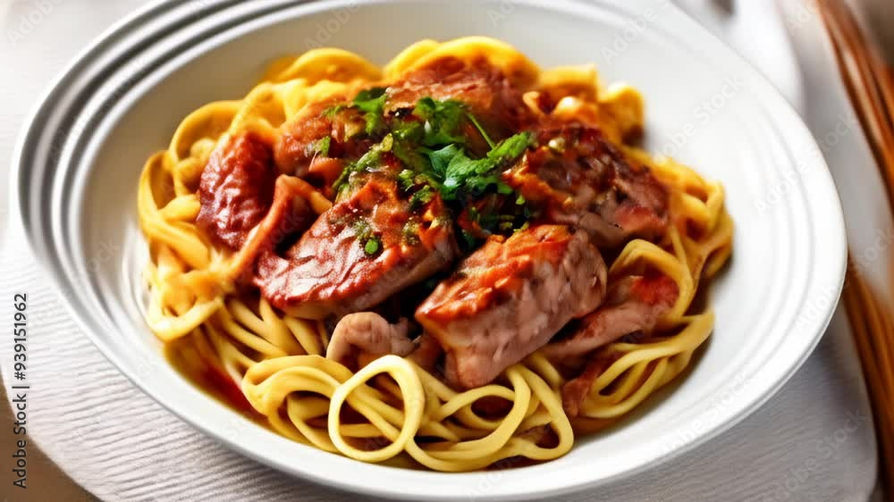 Delicious pasta dish with meat and herbs ready to be savored Delicious pasta dish with meat and herbs ready to be savored