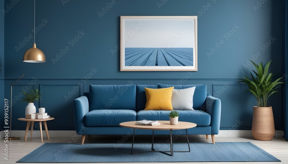 Interior mockup In a white room a blue sofa is placed next to a photo frame on the wall Interior mockup In a white room a blue sofa is placed next to a photo frame on the wall