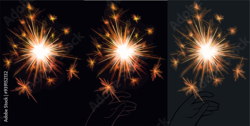 Red Bengal fire set drawing vector clip art festive greeting cards, invitations, banners. Small firework on stick Happy New Year party invitation sparkler firework illustration. Magic wand accessory