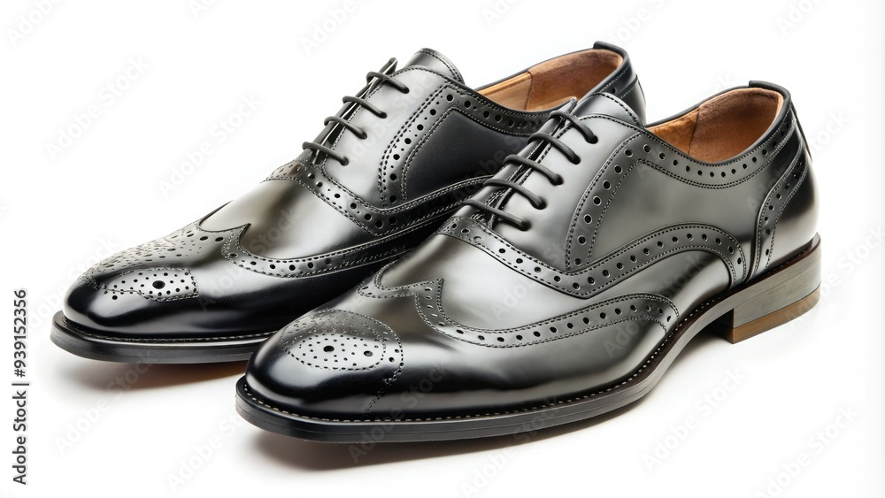 Luxurious black leather oxfords with brogue details and laces, isolated on a white background, showcasing elegance and sophistication in a polished formal footwear design. Luxurious black leather oxfords with brogue details and laces, isolated on a white background, showcasing elegance and sophistication in a polished formal footwear design.
