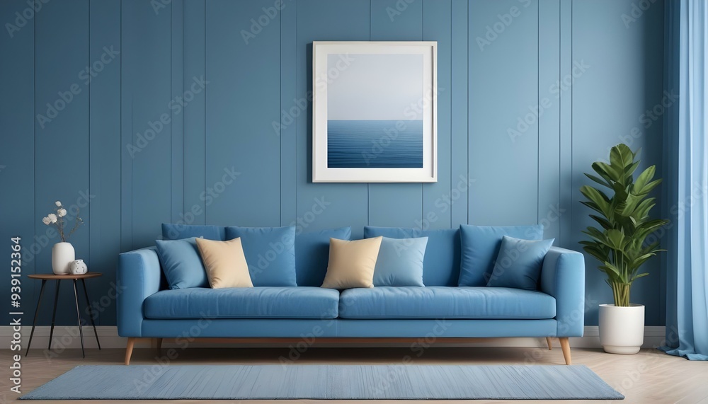 Interior mockup In a white room a blue sofa is placed next to a photo frame on the wall Interior mockup In a white room a blue sofa is placed next to a photo frame on the wall