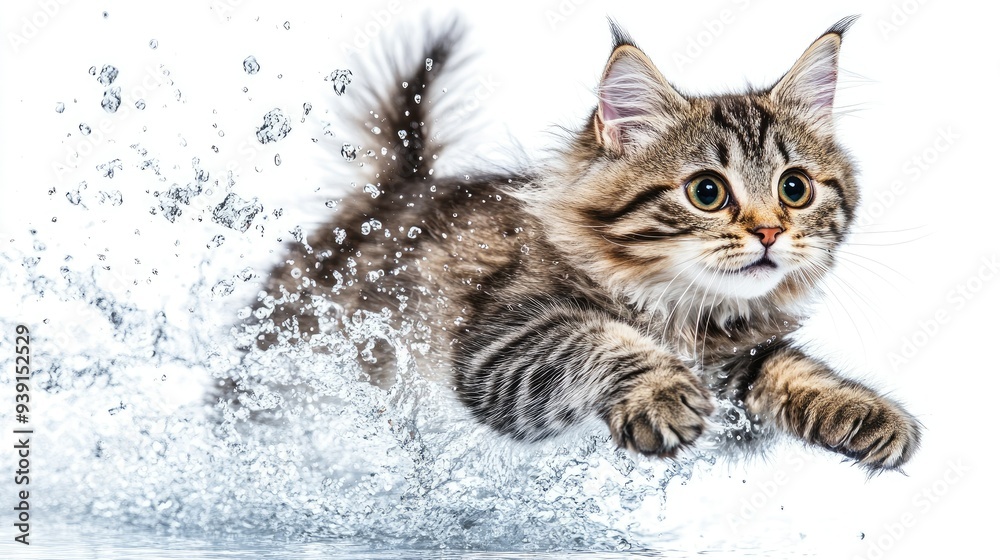 Cheerful cat in close-up as it leaps from the water, isolated on a ...