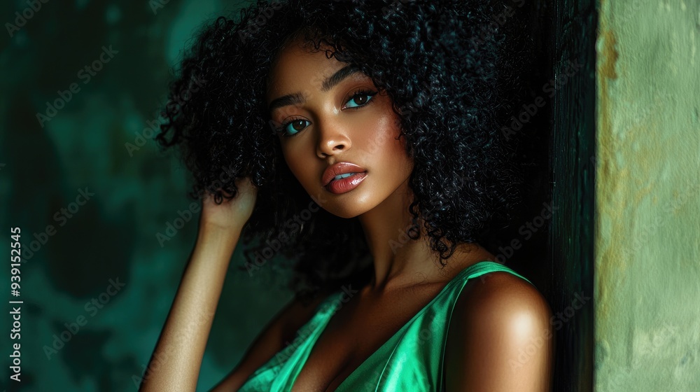 Fashion Icon Black Woman in Vibrant Green Dress, Magazine Pose