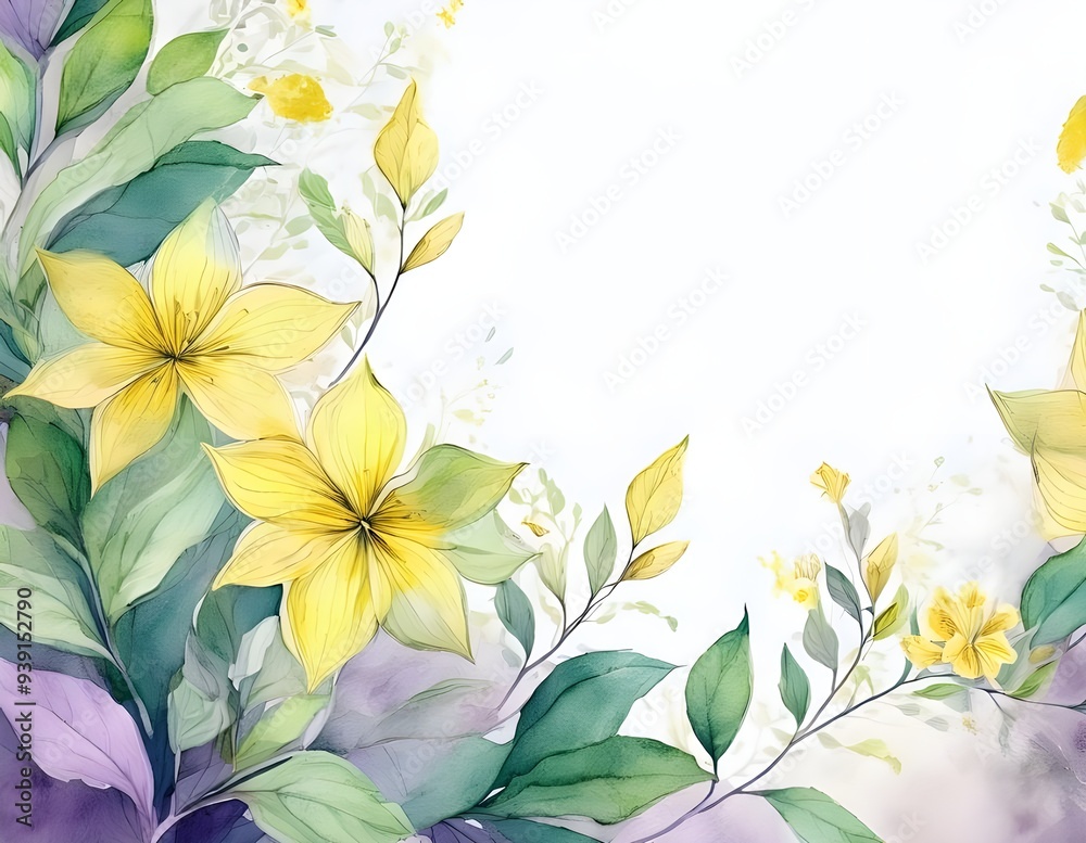 green, yellow and purple floral background with leaves and flowers, room for text green, yellow and purple floral background with leaves and flowers, room for text