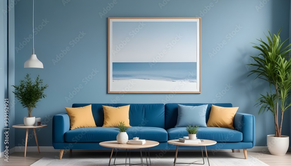 Interior mockup In a white room a blue sofa is placed next to a photo frame on the wall Interior mockup In a white room a blue sofa is placed next to a photo frame on the wall