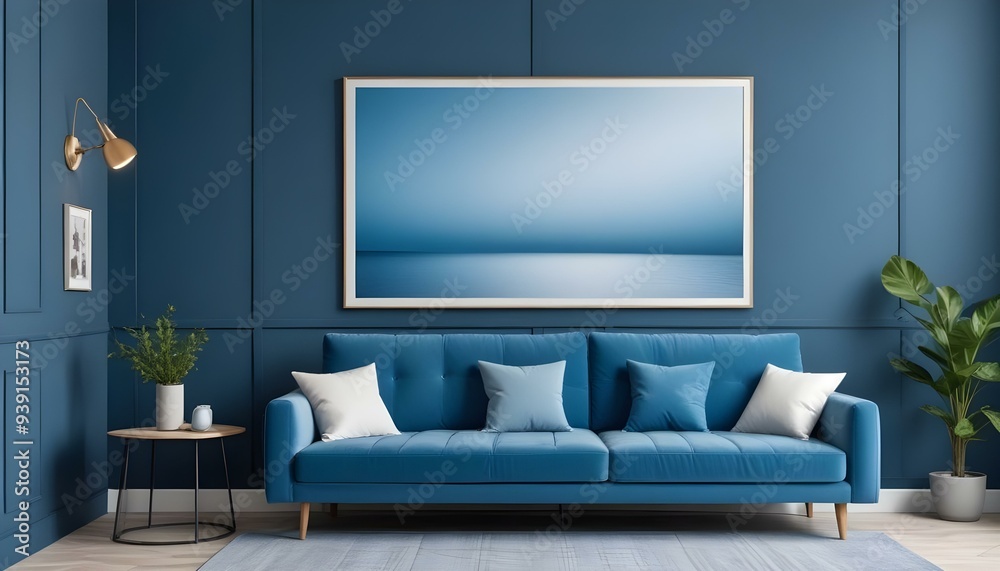 Interior mockup In a white room a blue sofa is placed next to a photo frame on the wall Interior mockup In a white room a blue sofa is placed next to a photo frame on the wall