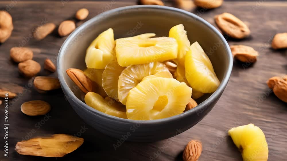 Freshly sliced pineapple and almonds a healthy snack option Freshly sliced pineapple and almonds a healthy snack option