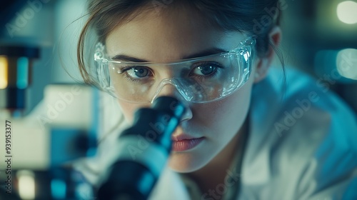 Young woman medical researcher looking through microscop slide in the life science forensics microbiology biochemistry genetics oncology laboratory Medicine concept : Generative AI