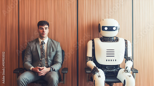 office workers sitting next to each other, one of them is human and the other one is an ai robot, in the style of a stock photo, office landscape, smart casual