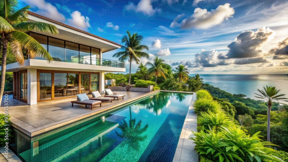 Fototapeta premium Luxurious modern villa with infinity pool and lush greenery, overlooking turquoise ocean waters and white sandy beach in a serene tropical paradise setting.