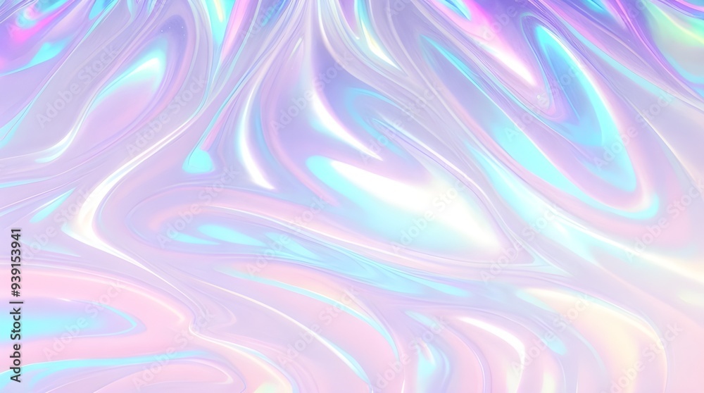 Fototapeta premium Holographic background seamless trendy iridescent light foil texture. Soft holographic pastel unicorn marble background pattern. Modern pearlescent blurry abstract swirl illustration. 