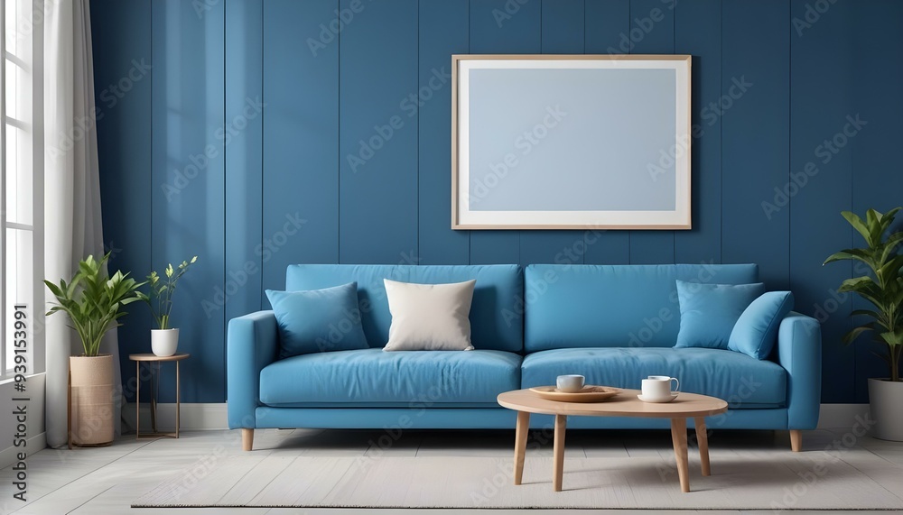 Interior mockup In a white room a blue sofa is placed next to a photo frame on the wall Interior mockup In a white room a blue sofa is placed next to a photo frame on the wall