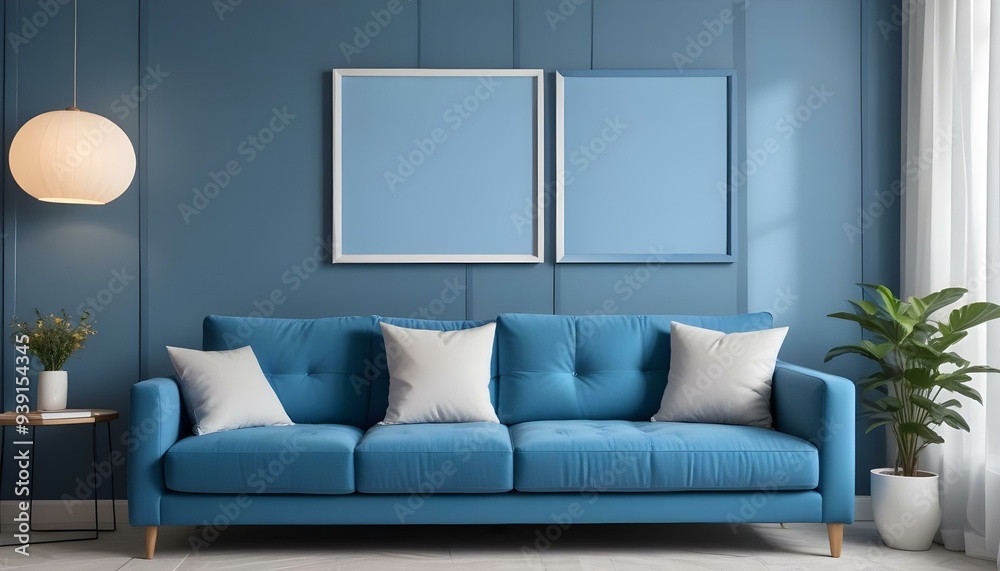 Interior mockup In a white room a blue sofa is placed next to a photo frame on the wall Interior mockup In a white room a blue sofa is placed next to a photo frame on the wall