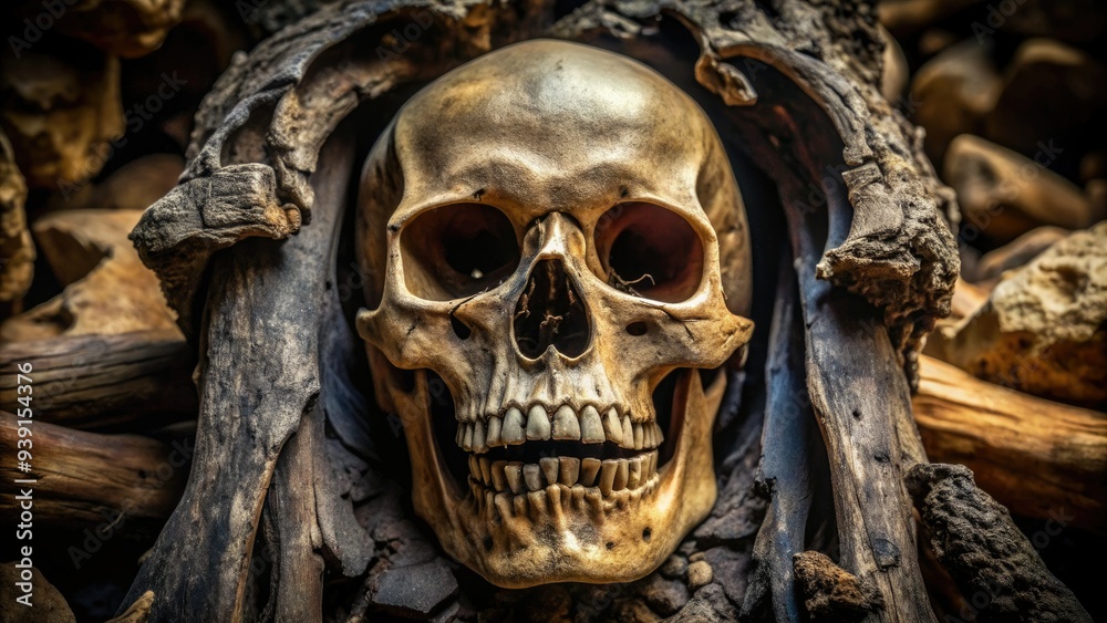 Macabre close-up of a human skull with jaws agape, revealing a dark, toothless cavity, surrounded by weathered bone, exuding an air of haunting mortality. Macabre close-up of a human skull with jaws agape, revealing a dark, toothless cavity, surrounded by weathered bone, exuding an air of haunting mortality.