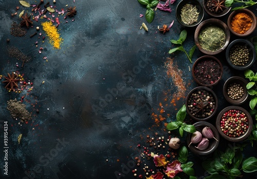 Various Spices and Herbs on a Dark Background