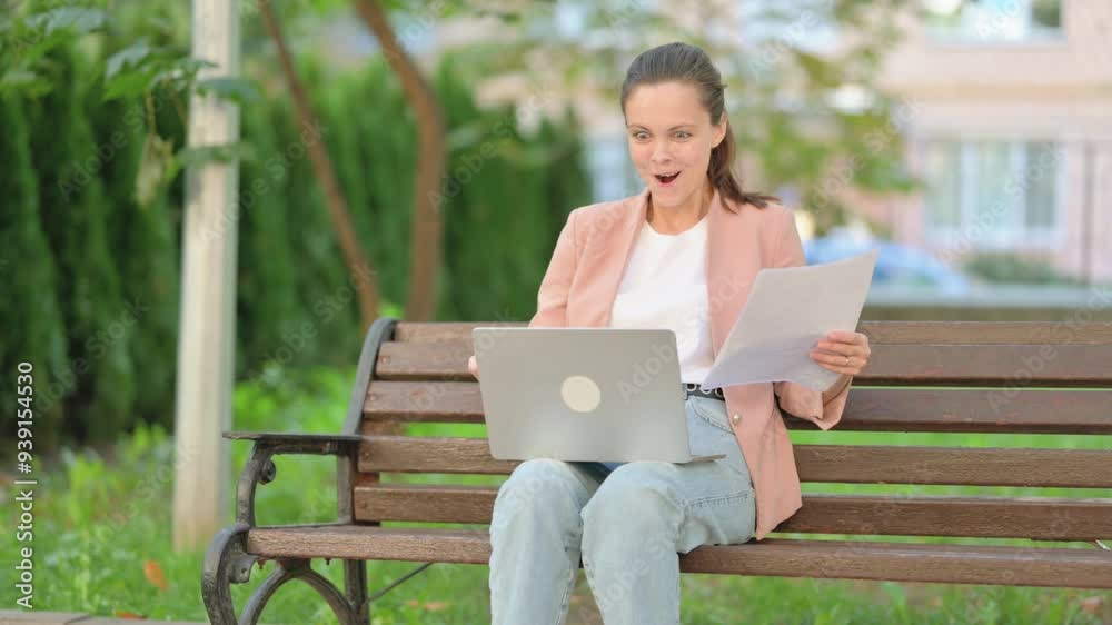Casual Business Woman Enjoying Paperwork and Online Work Outdoor Casual Business Woman Enjoying Paperwork and Online Work Outdoor