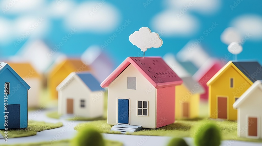 A vibrant cityscape with colorful homes and speech bubbles. A vibrant cityscape with colorful homes and speech bubbles.