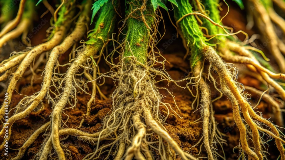 Macro view of hemp plant's complex network of roots, showcasing its robust and intricate underground system with fine hairs and delicate fibers. Macro view of hemp plant's complex network of roots, showcasing its robust and intricate underground system with fine hairs and delicate fibers.