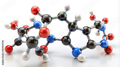Macro view of leucine amino acid molecule structure model on white background, showcasing complex chemical bonds and atoms in three-dimensional representation. photo